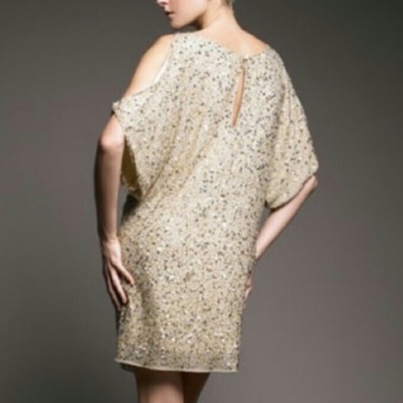 Aidan Mattox Gold Sequin Cold Shoulder Mini Dress Size 4 NWT - Picture 2 of 10